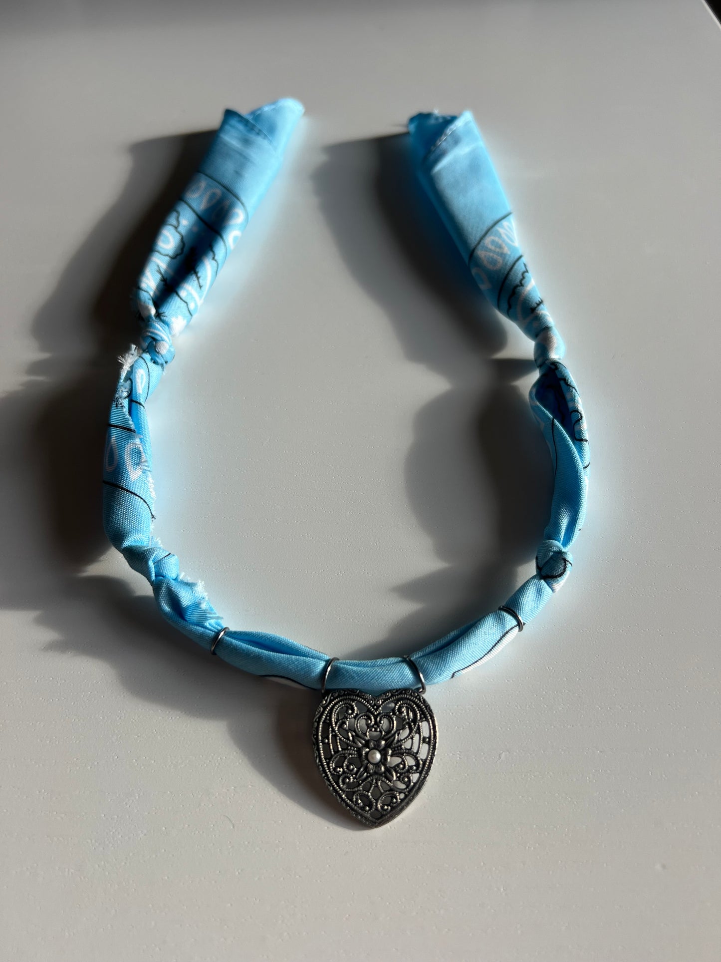 Handmade Light Blue Bandana Heart Charm Necklace