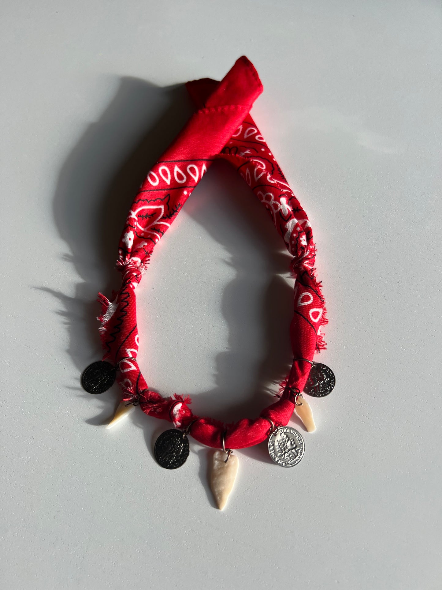 Handmade Red Bandana Charm Necklace – Bronze Medallions and Shells