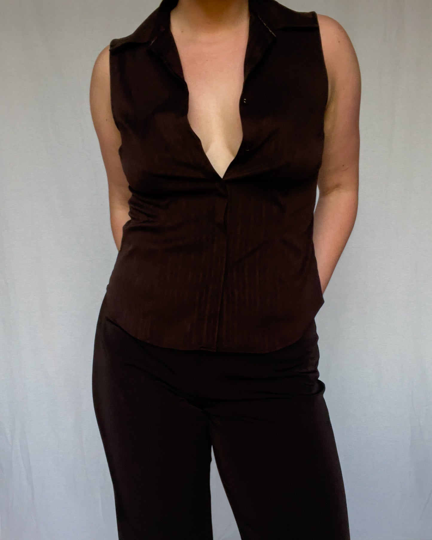 Brown Sleeveless Collared Shirt