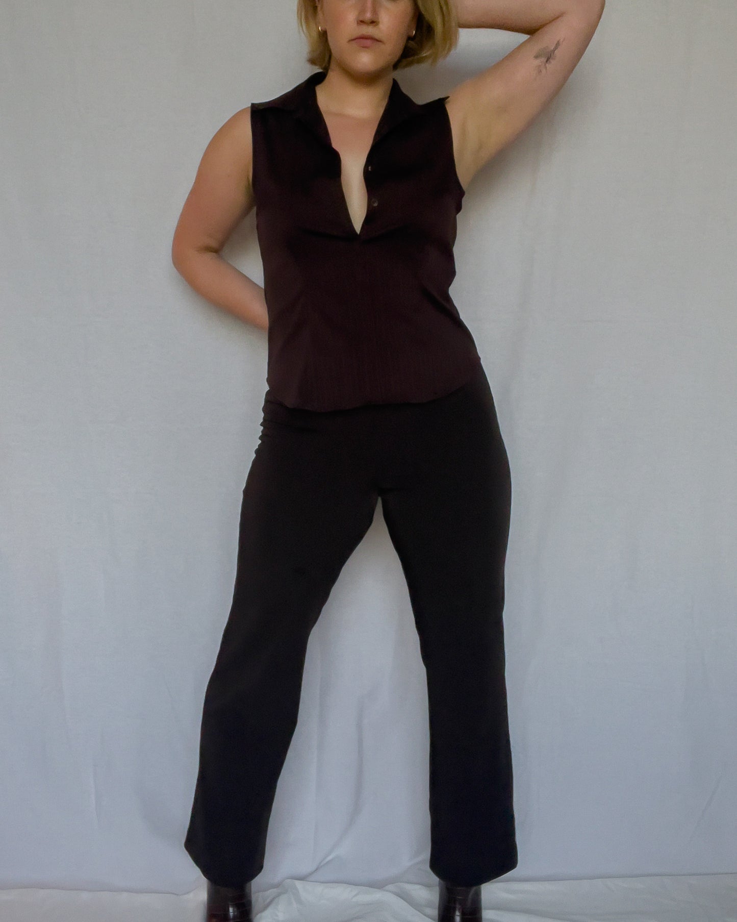 Brown Sleeveless Collared Shirt
