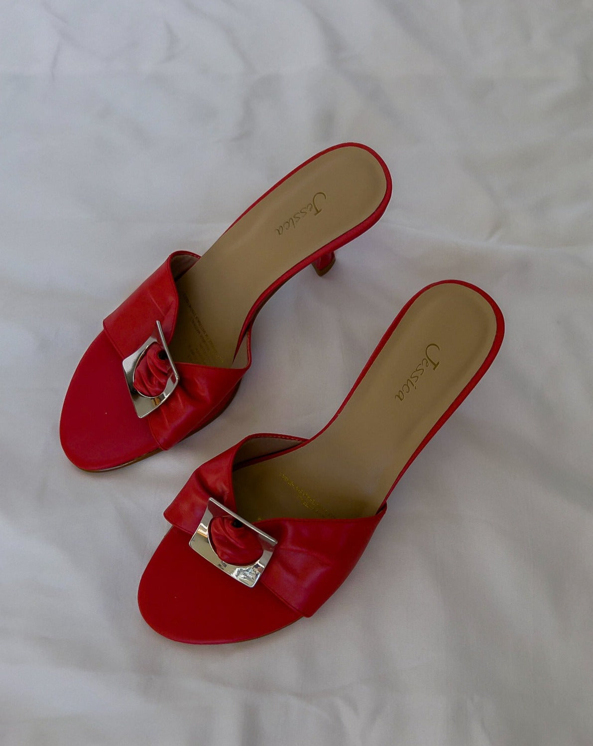90s Vintage Red Kitten Heels with Silver Buckle