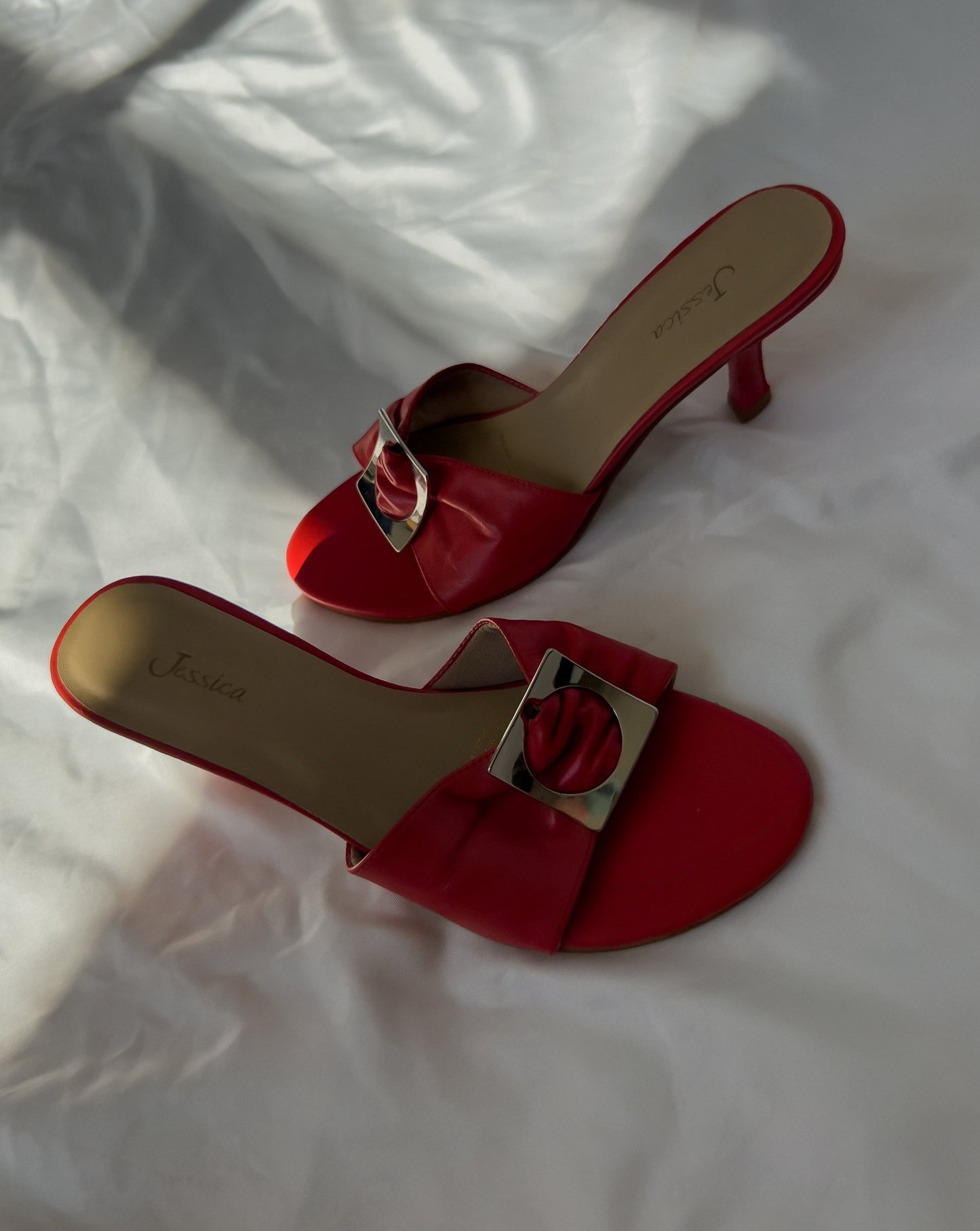 90s Vintage Red Kitten Heels with Silver Buckle