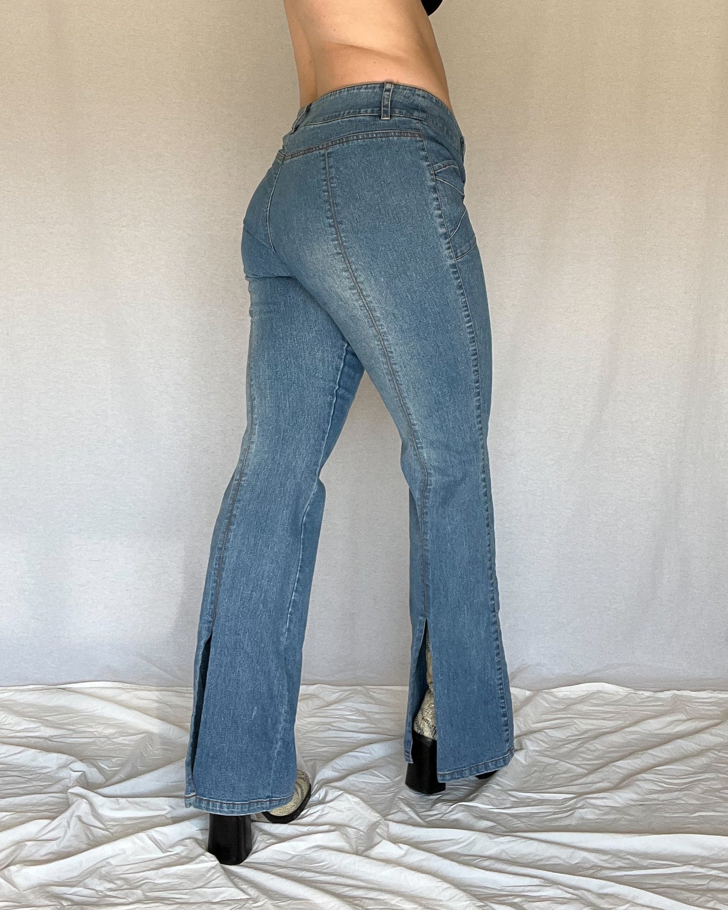Slit Flare Faded Blue Jeans