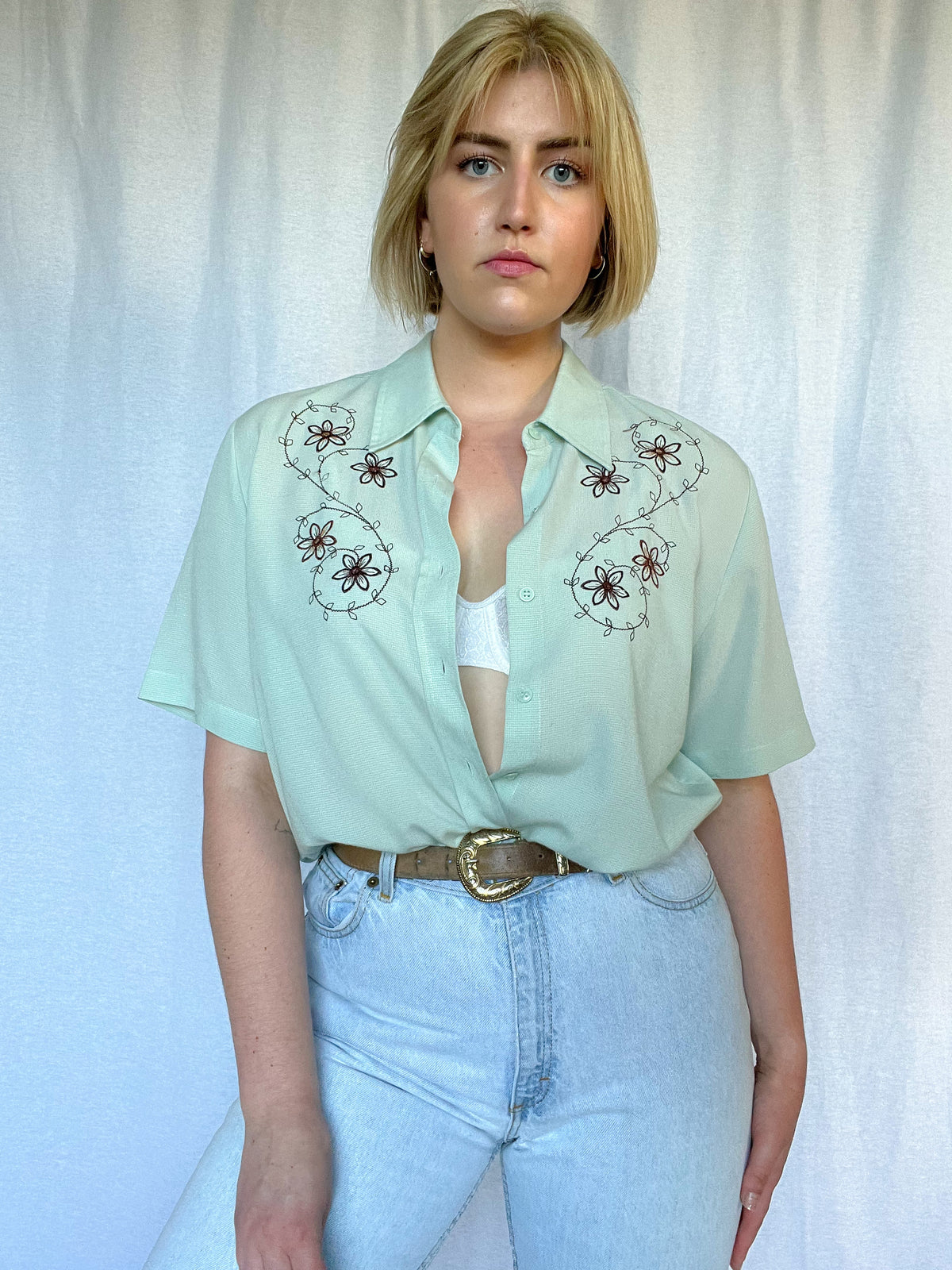 Embroidered Short-Sleeve Button Down