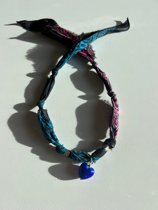 Black and pink/blue w. Blue Heart Bandana Necklace