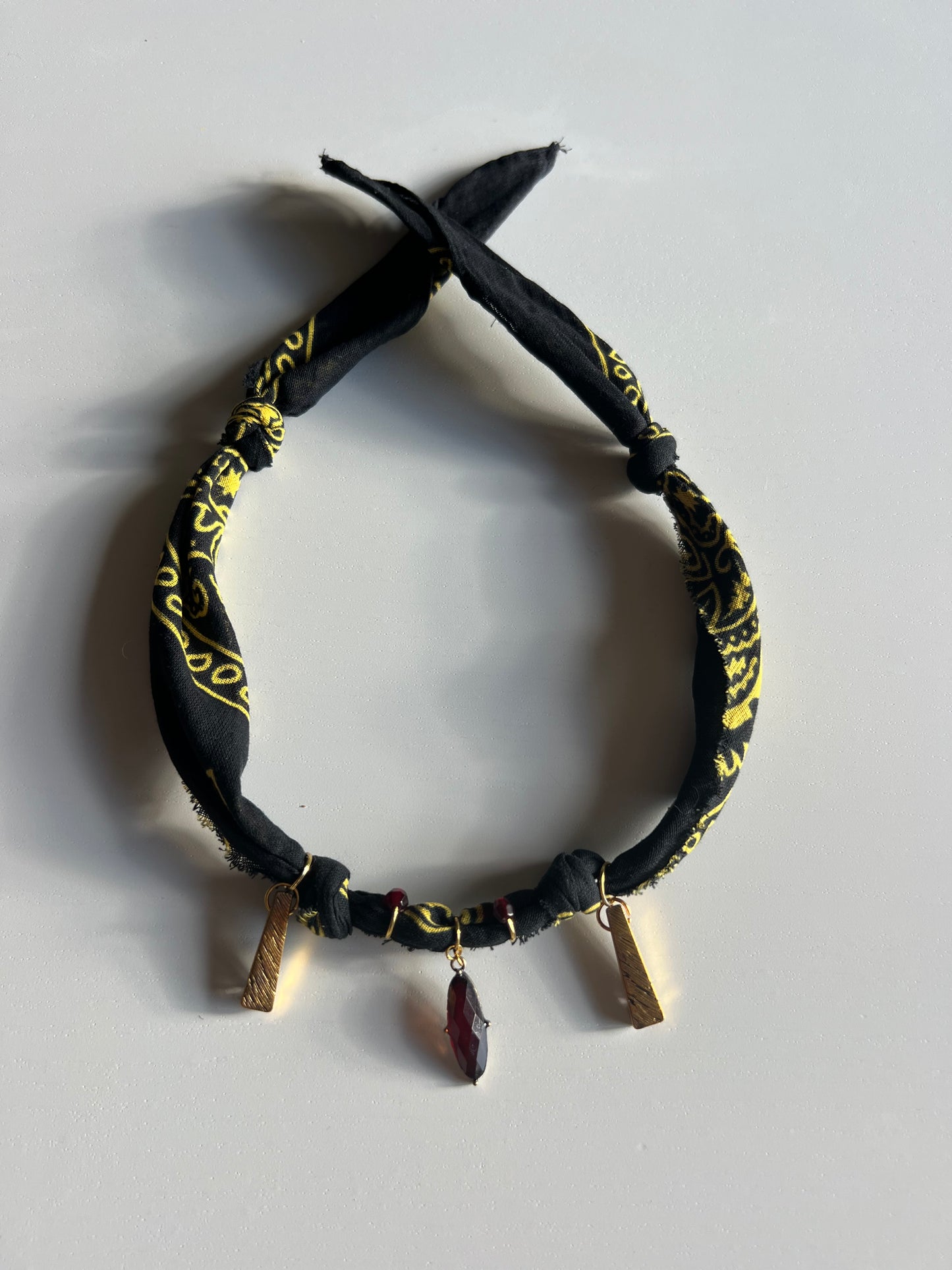 Handmade Black Bandana Charm Necklace – Burgundy Gemstone