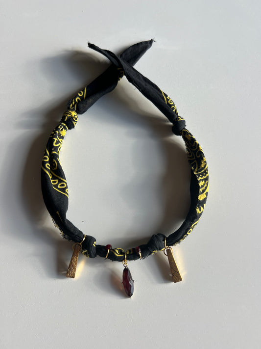 Handmade Black Bandana Charm Necklace – Burgundy Gemstone