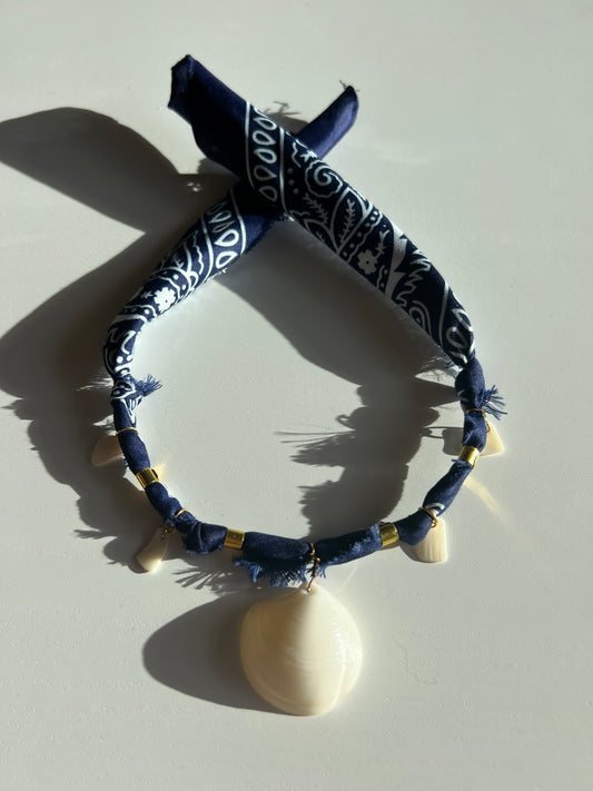 Handmade Navy Bandana Charm Necklace - Assorted Shells
