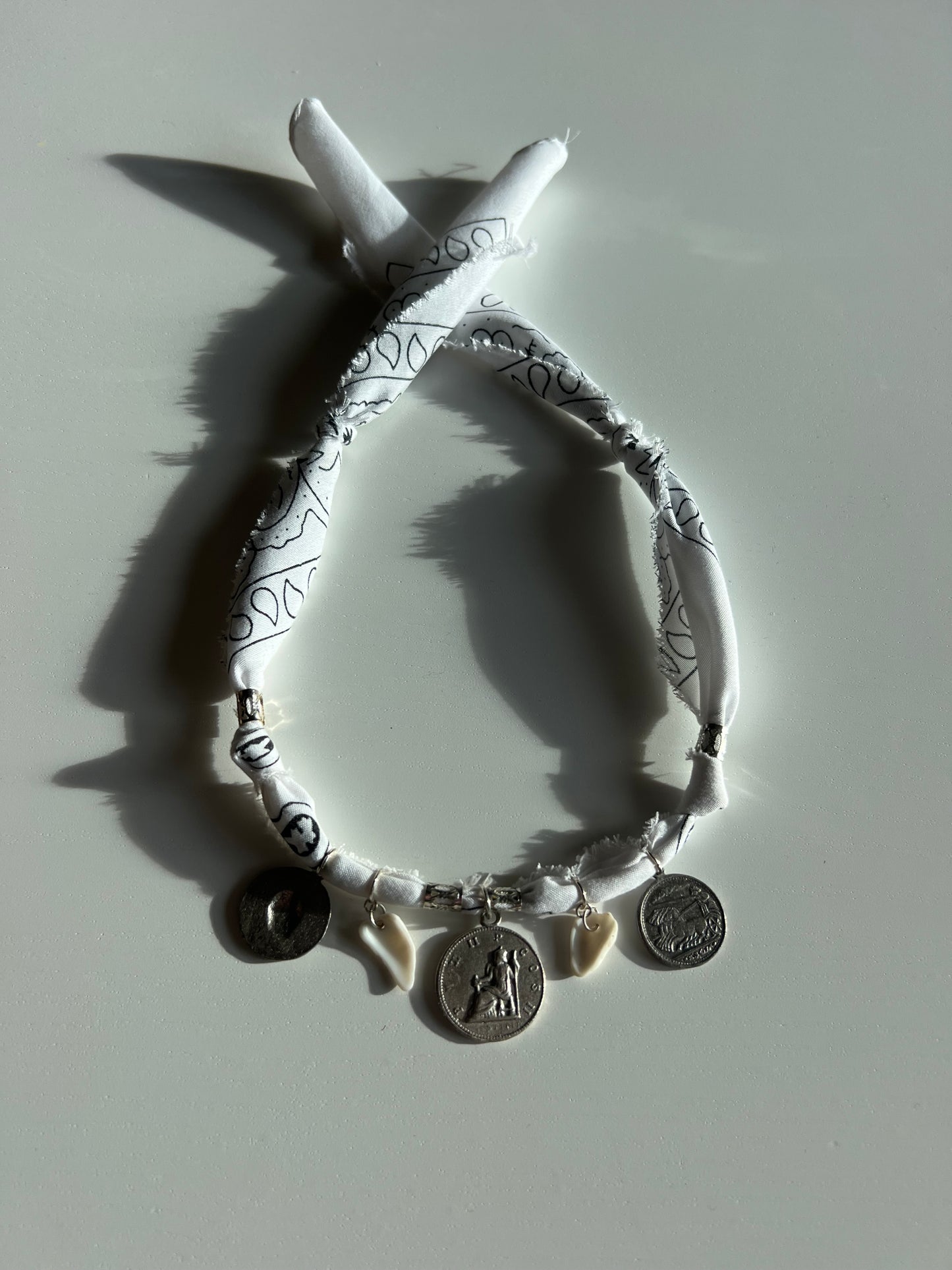 Handmade White Bandana Charm Necklace – Silver Medallions