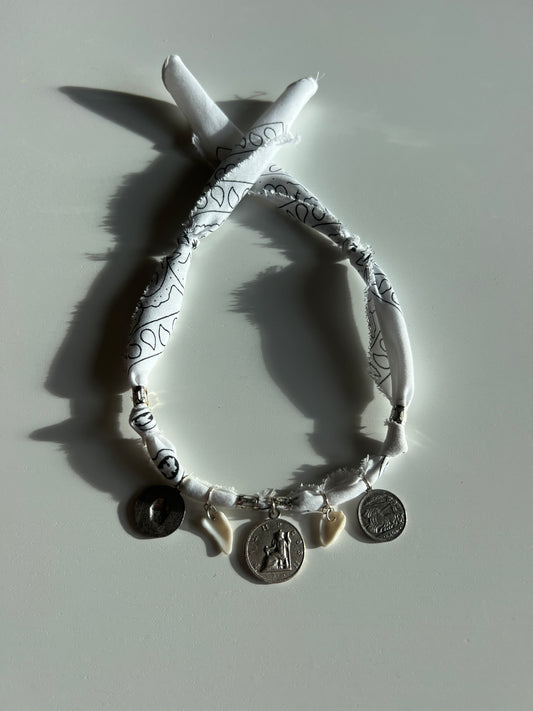 Handmade White Bandana Charm Necklace – Silver Medallions