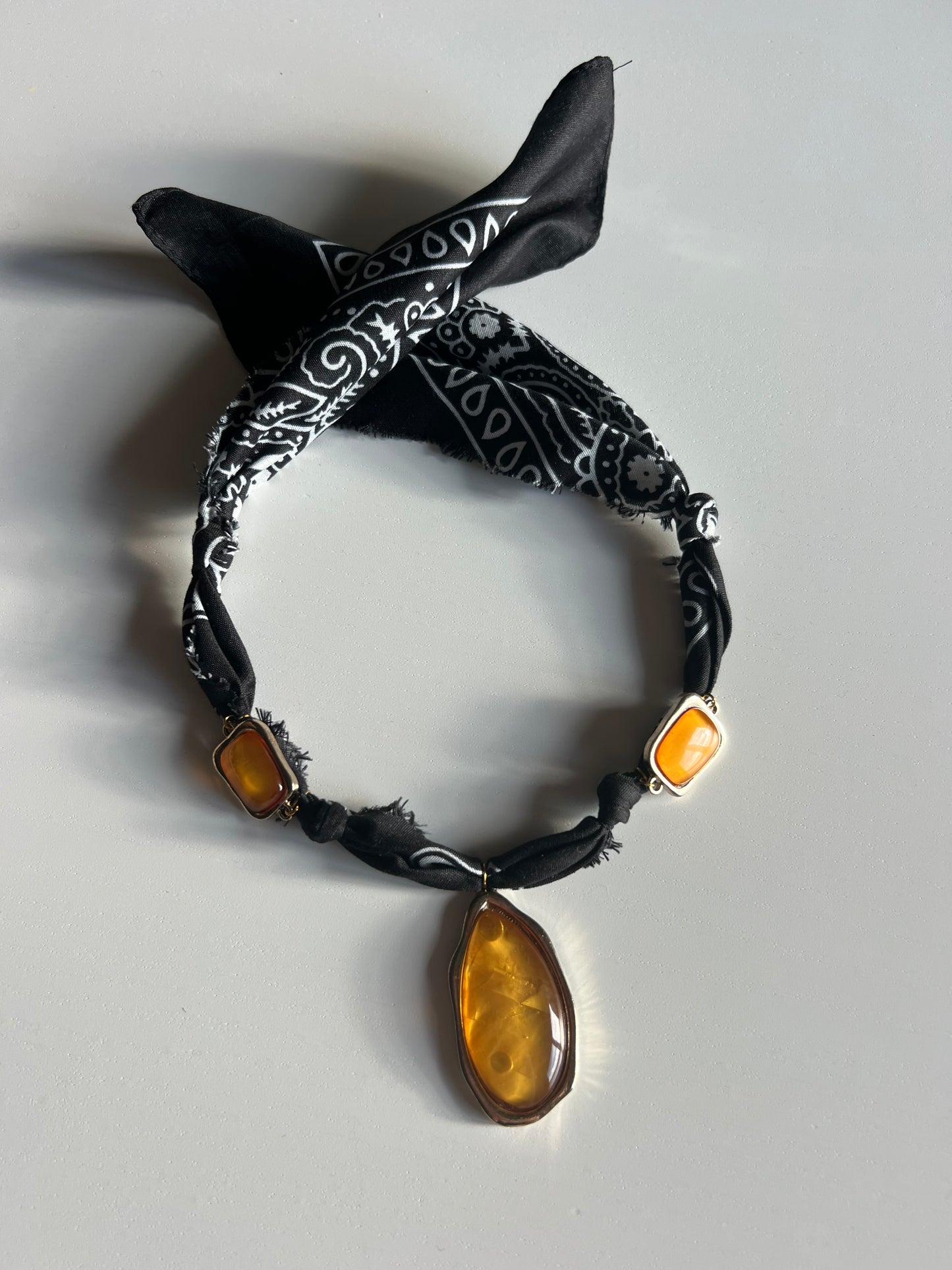 Handmade Black Bandana Charm Necklace - Vintage Amber