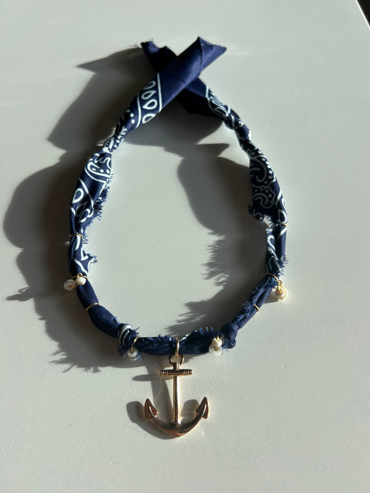 Handmade Navy Bandana Necklace - Anchor Charm