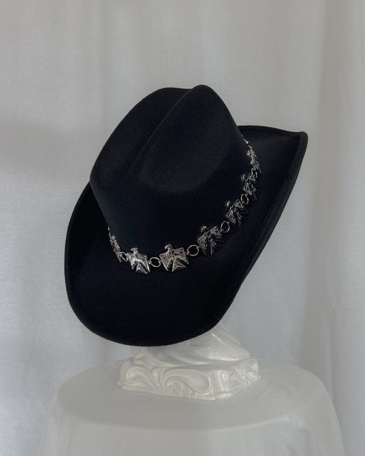 Eagle Chain – Black Cowboy Hat with Silver Eagle Band