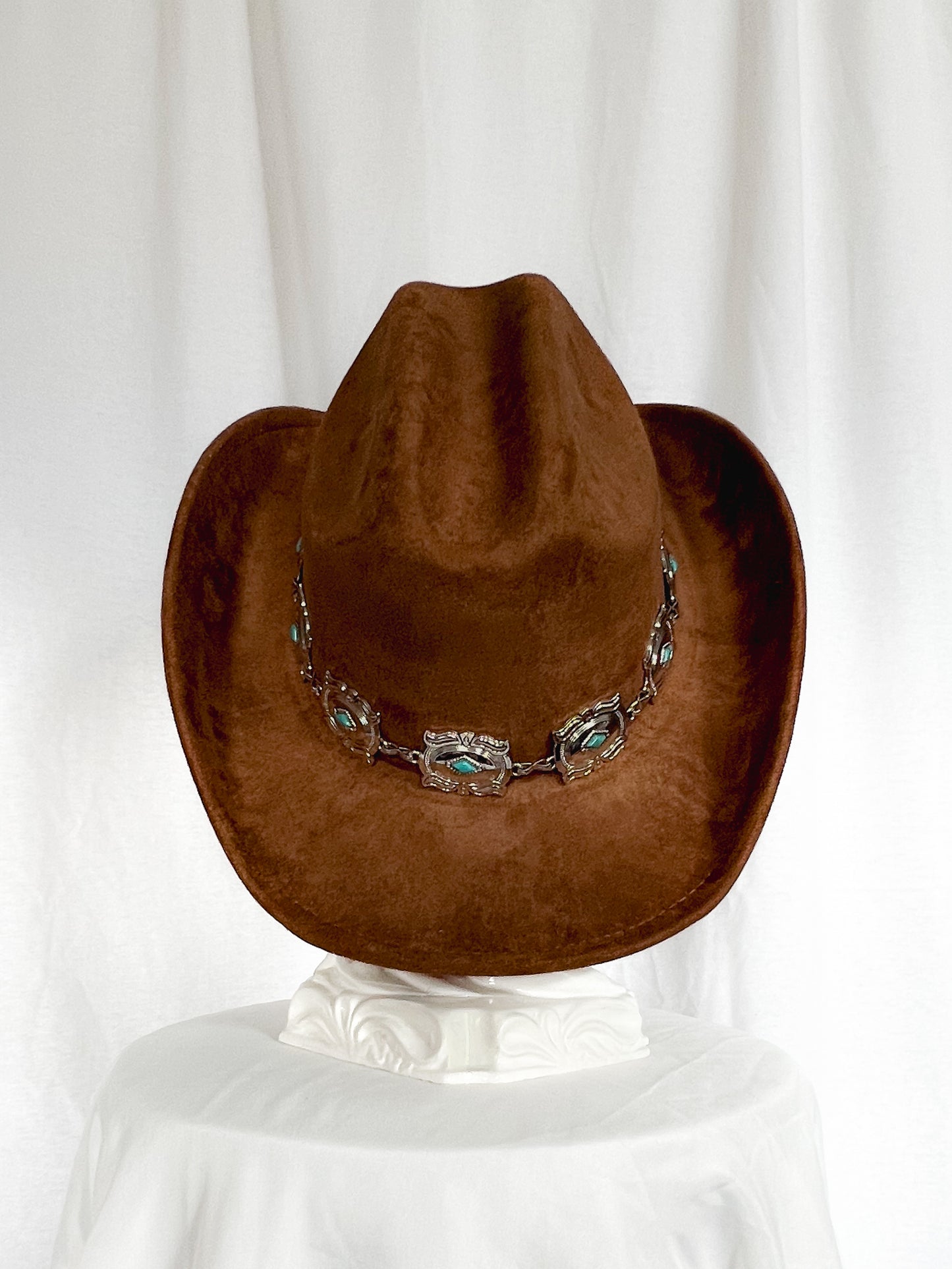 Concho Chain – Brown Cowboy Hat with Turquoise Detail