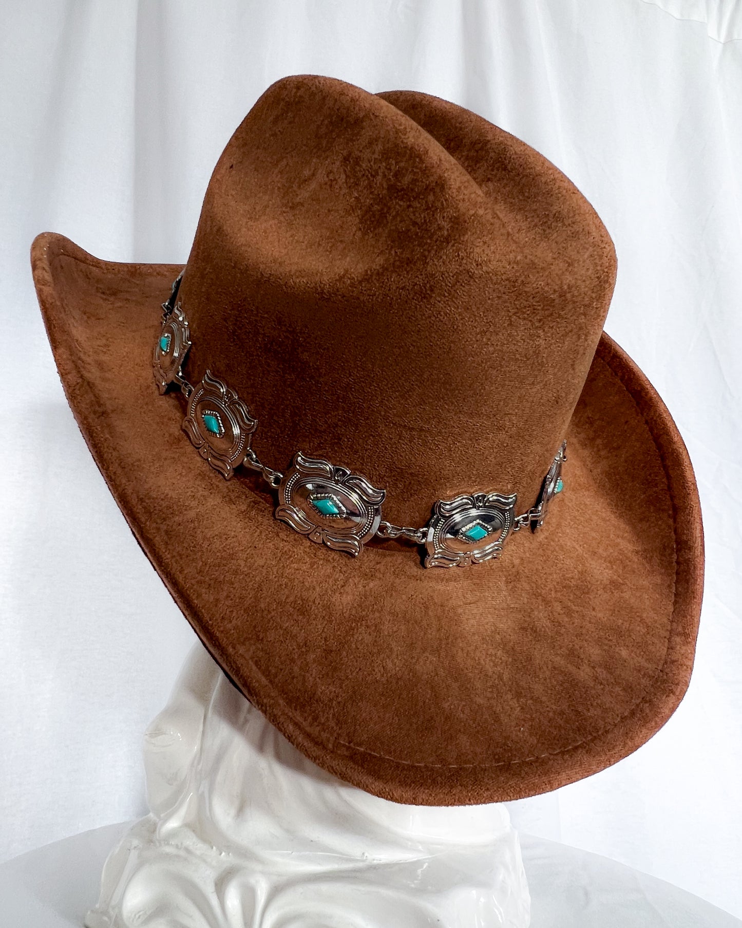 Concho Chain – Brown Cowboy Hat with Turquoise Detail