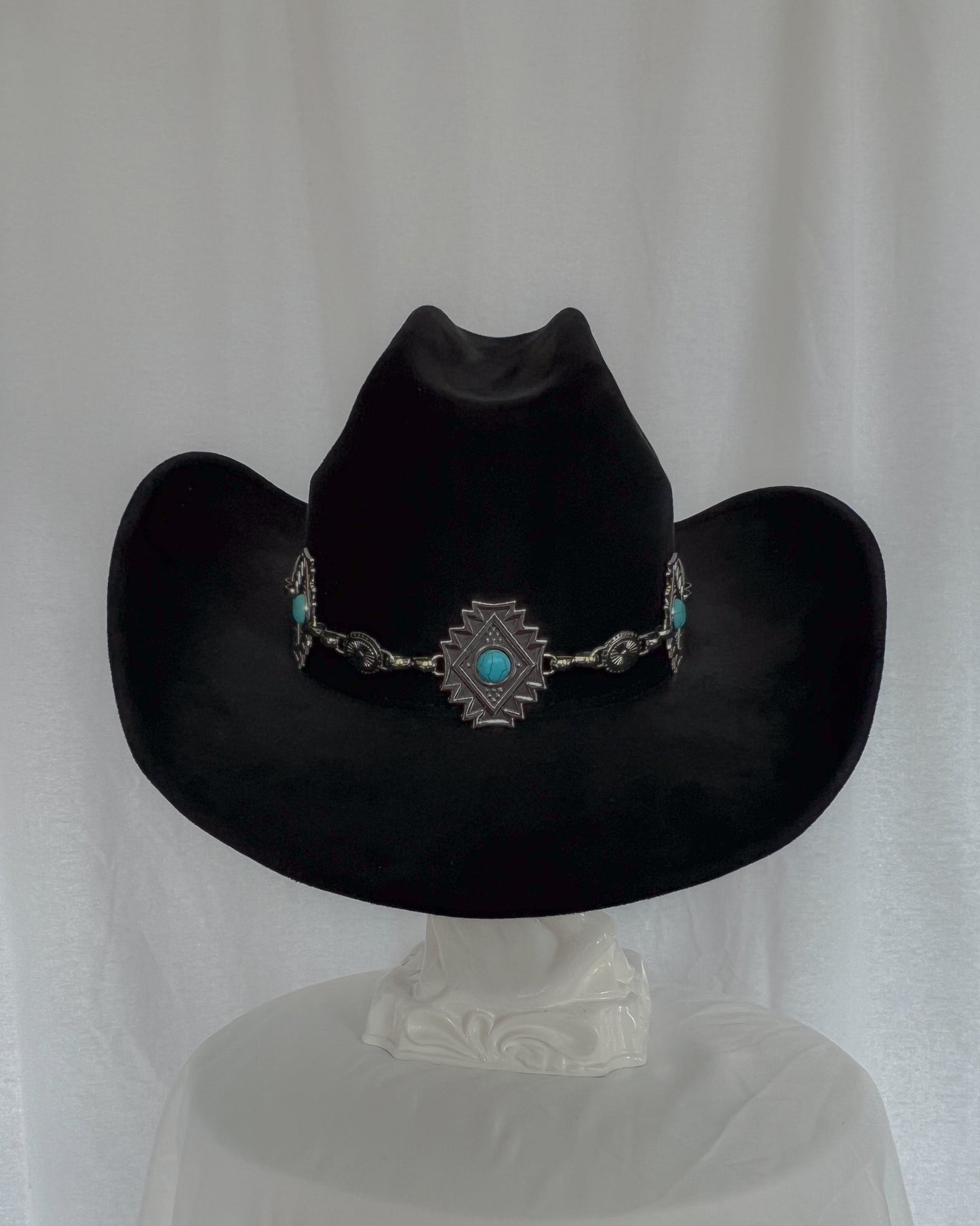 Diamond Concho Chain – Black Cowboy Hat with Turquoise Detail