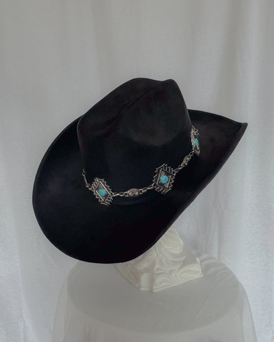 Diamond Concho Chain – Black Cowboy Hat with Turquoise Detail
