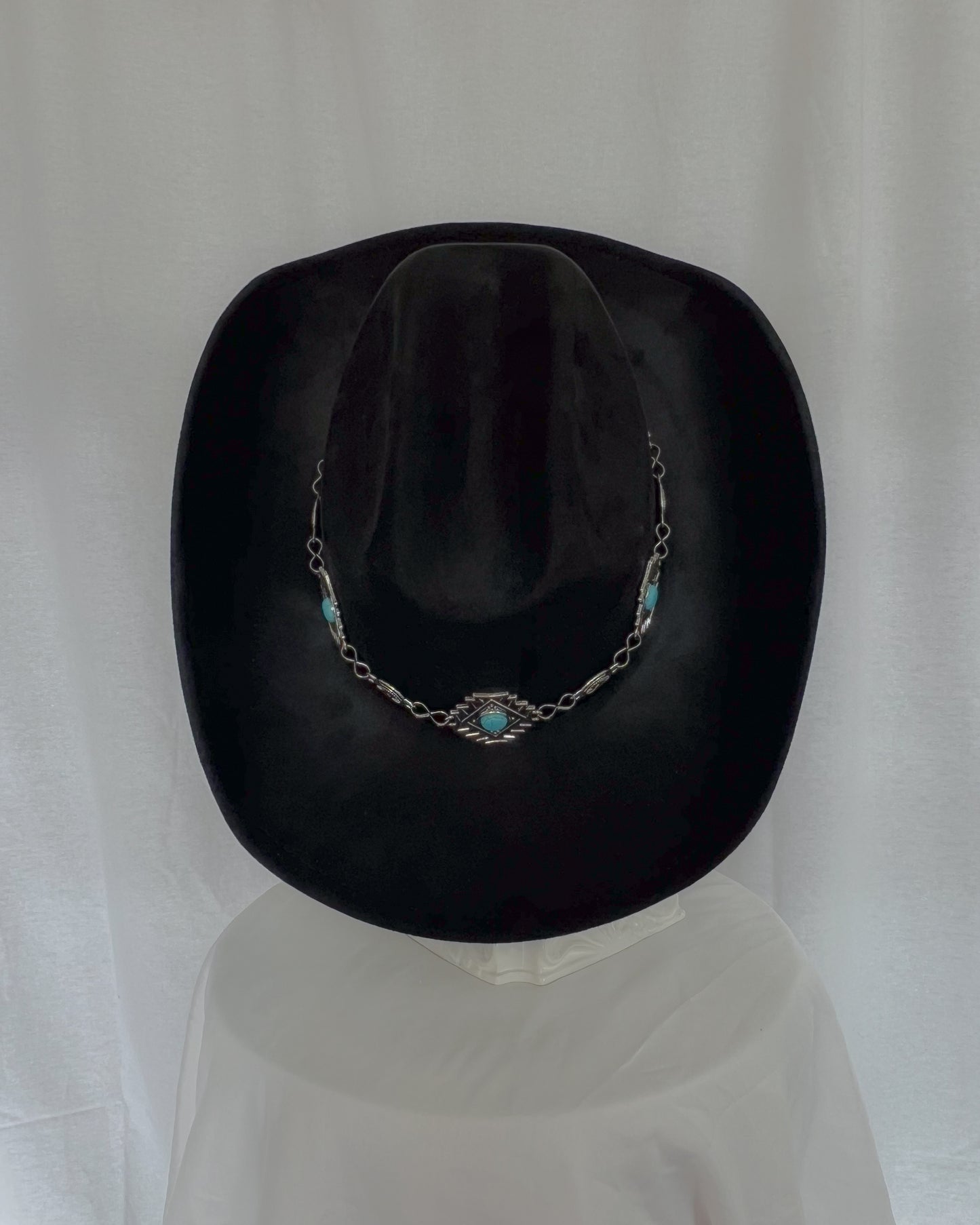 Diamond Concho Chain – Black Cowboy Hat with Turquoise Detail