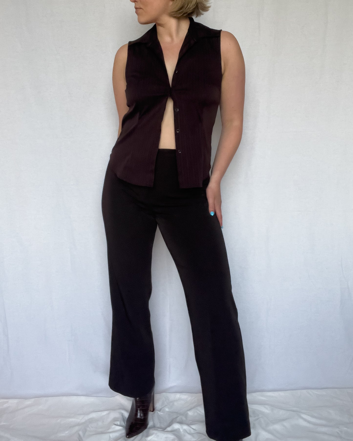 Brown Sleeveless Collared Shirt