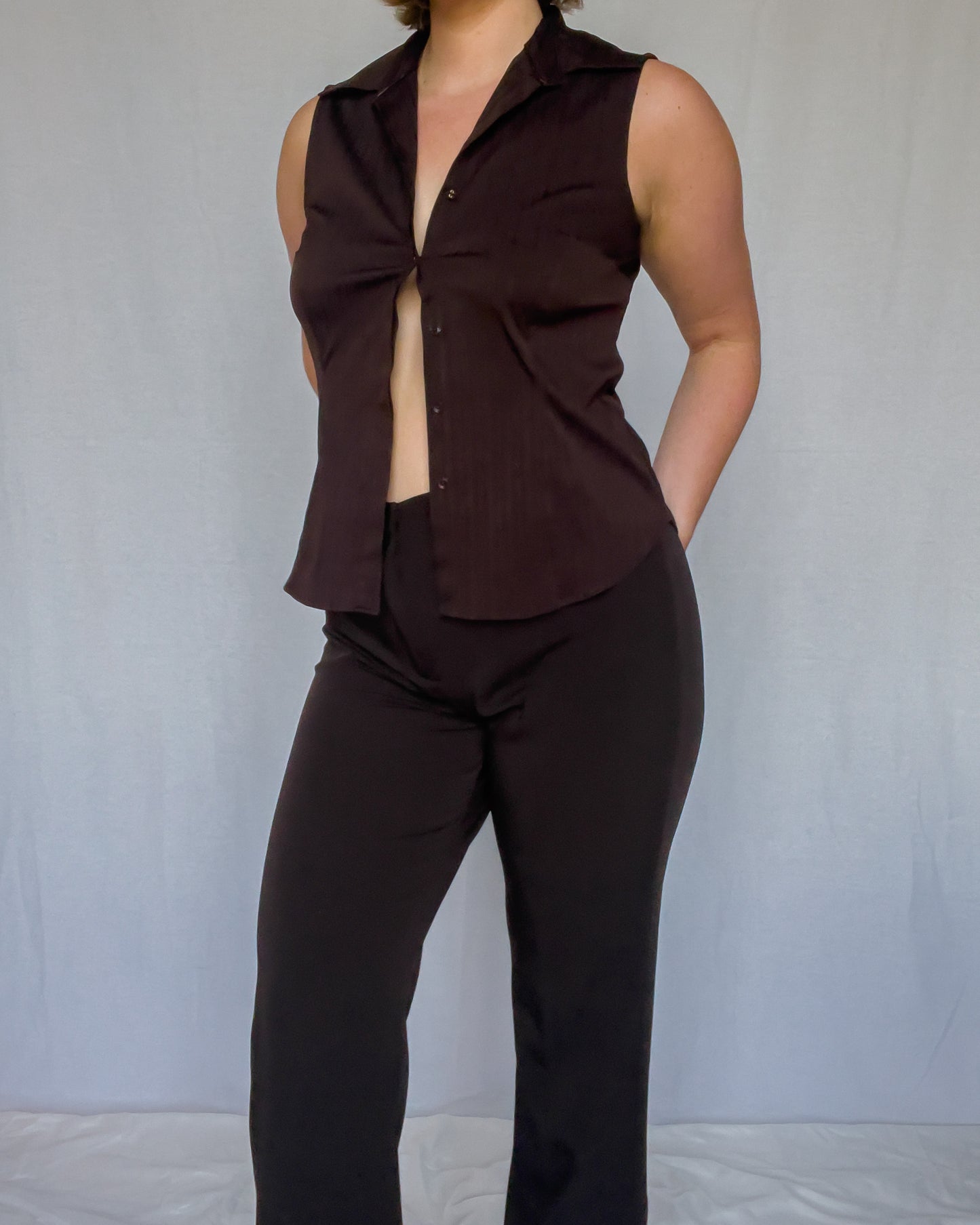 Brown Sleeveless Collared Shirt