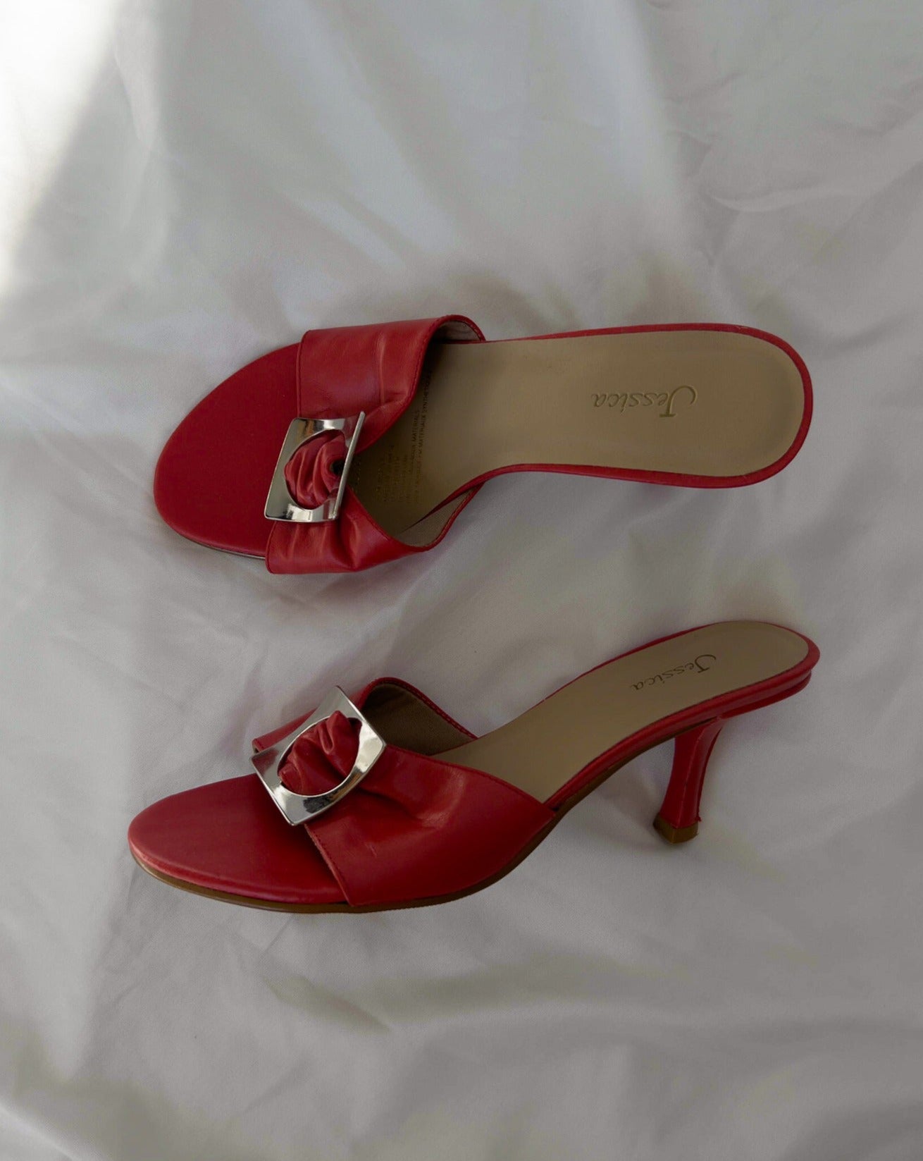 90s Vintage Red Kitten Heels with Silver Buckle