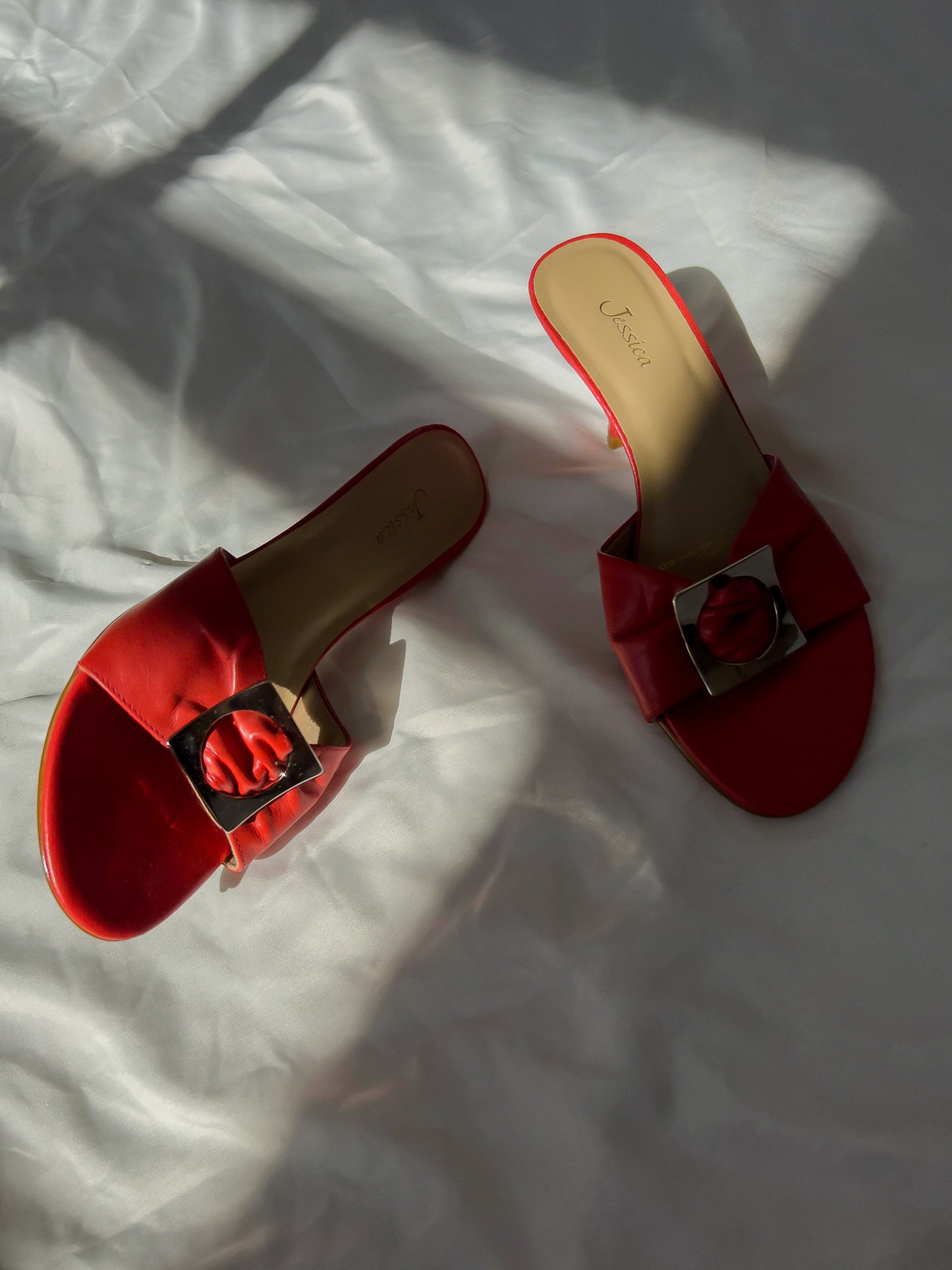 90s Vintage Red Kitten Heels with Silver Buckle
