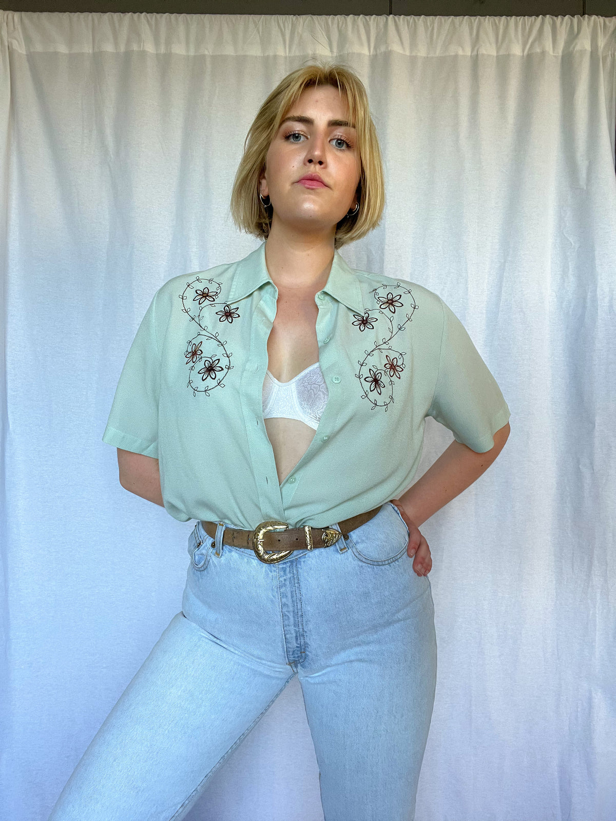 Embroidered Short-Sleeve Button Down