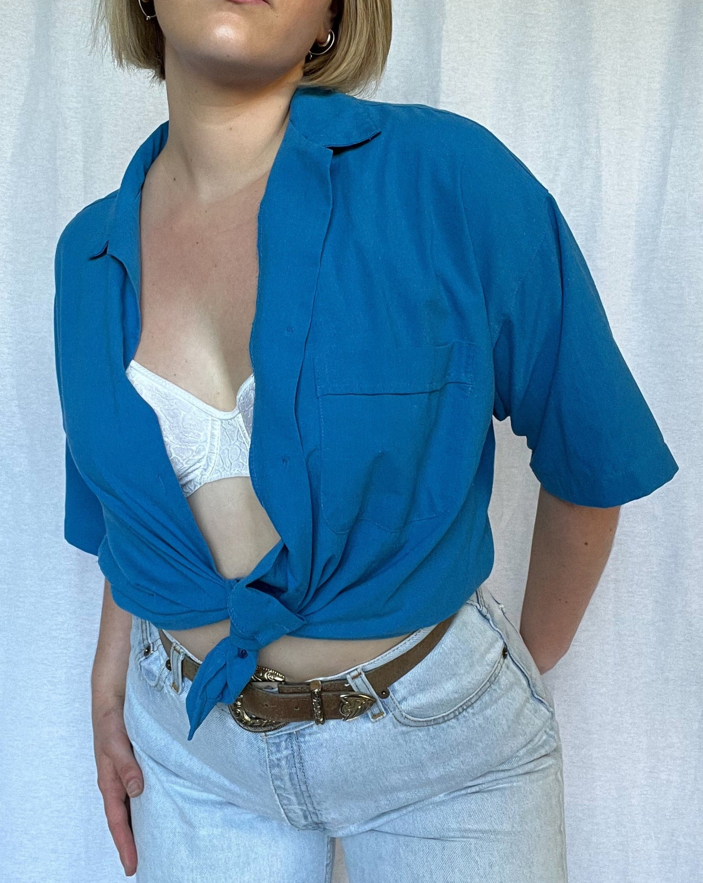 Vintage Lady Foot Locker Blue Short-Sleeve Button Down