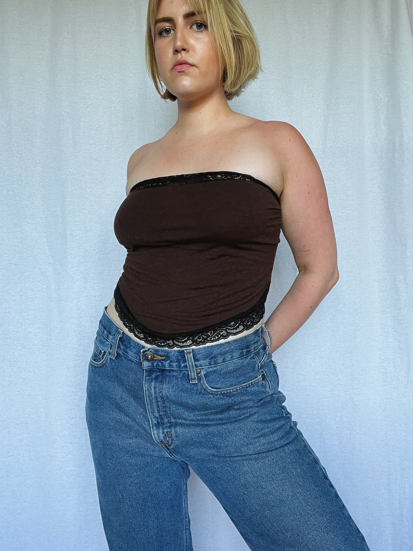 Brown Tie Tube Top w. Black Lace Trimming