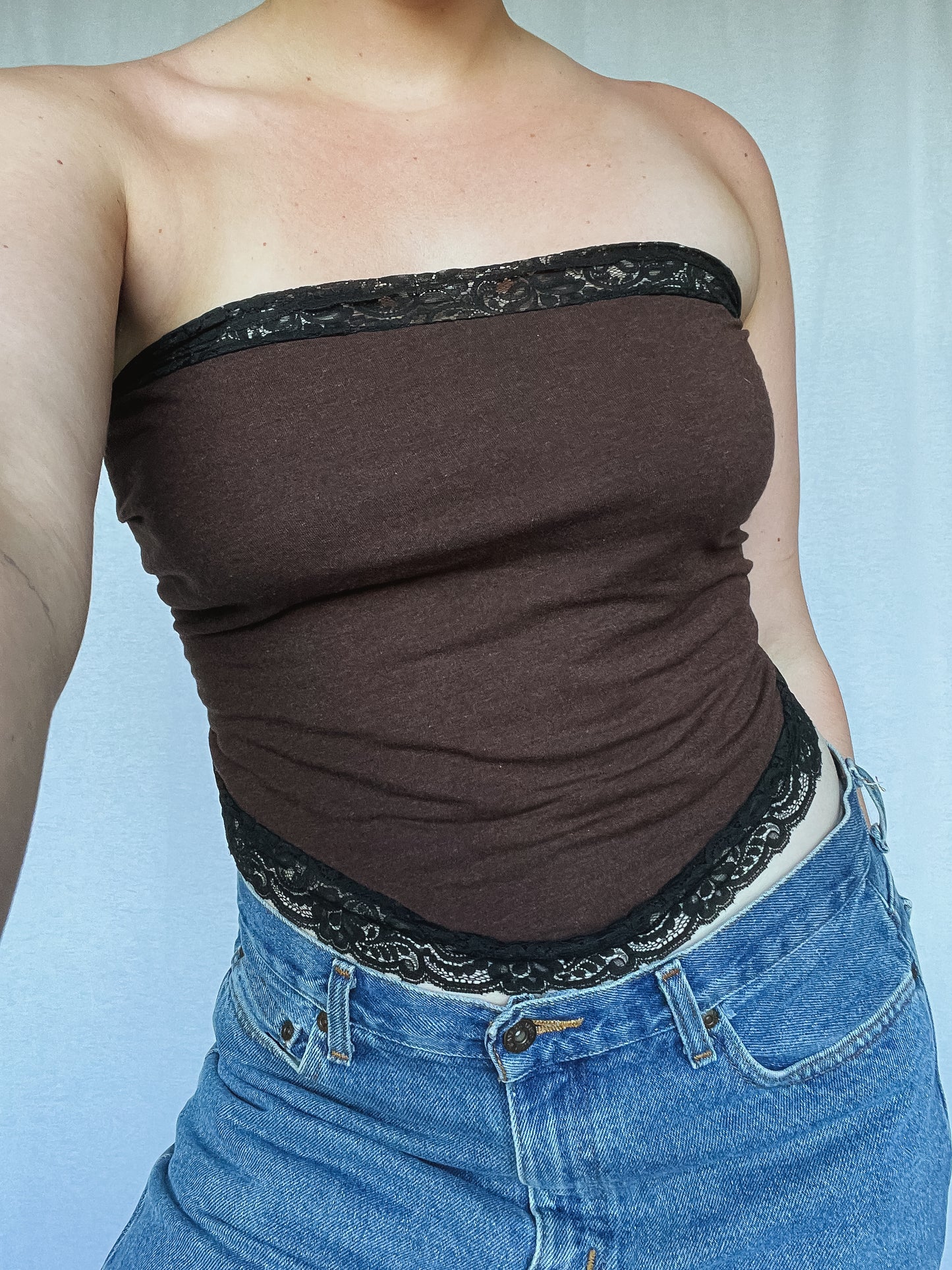 Brown Tie Tube Top w. Black Lace Trimming