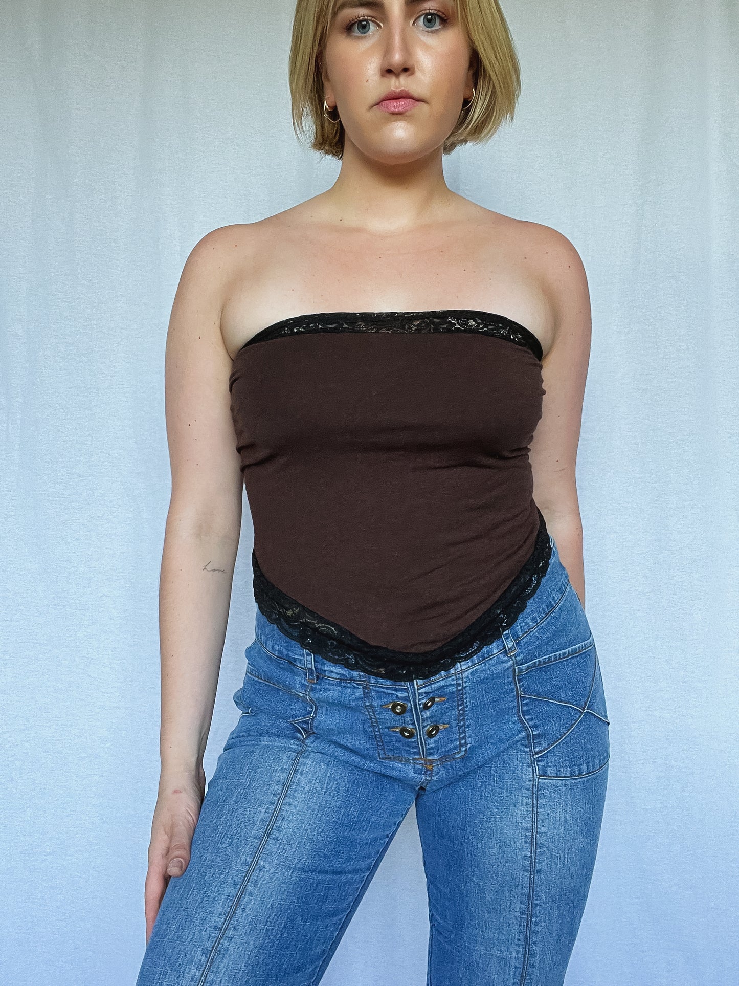 Brown Tie Tube Top w. Black Lace Trimming