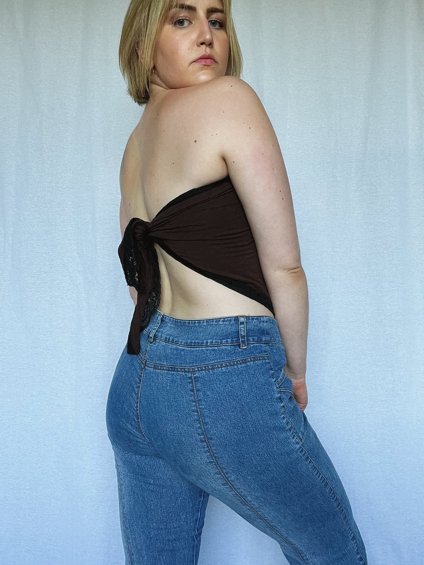 Brown Tie Tube Top w. Black Lace Trimming
