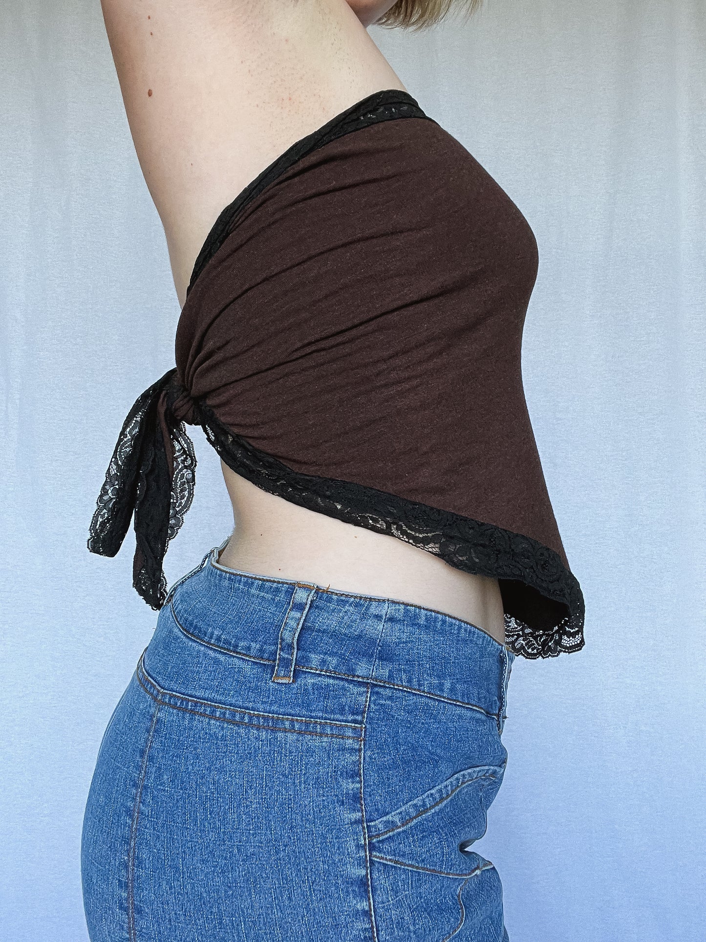 Brown Tie Tube Top w. Black Lace Trimming