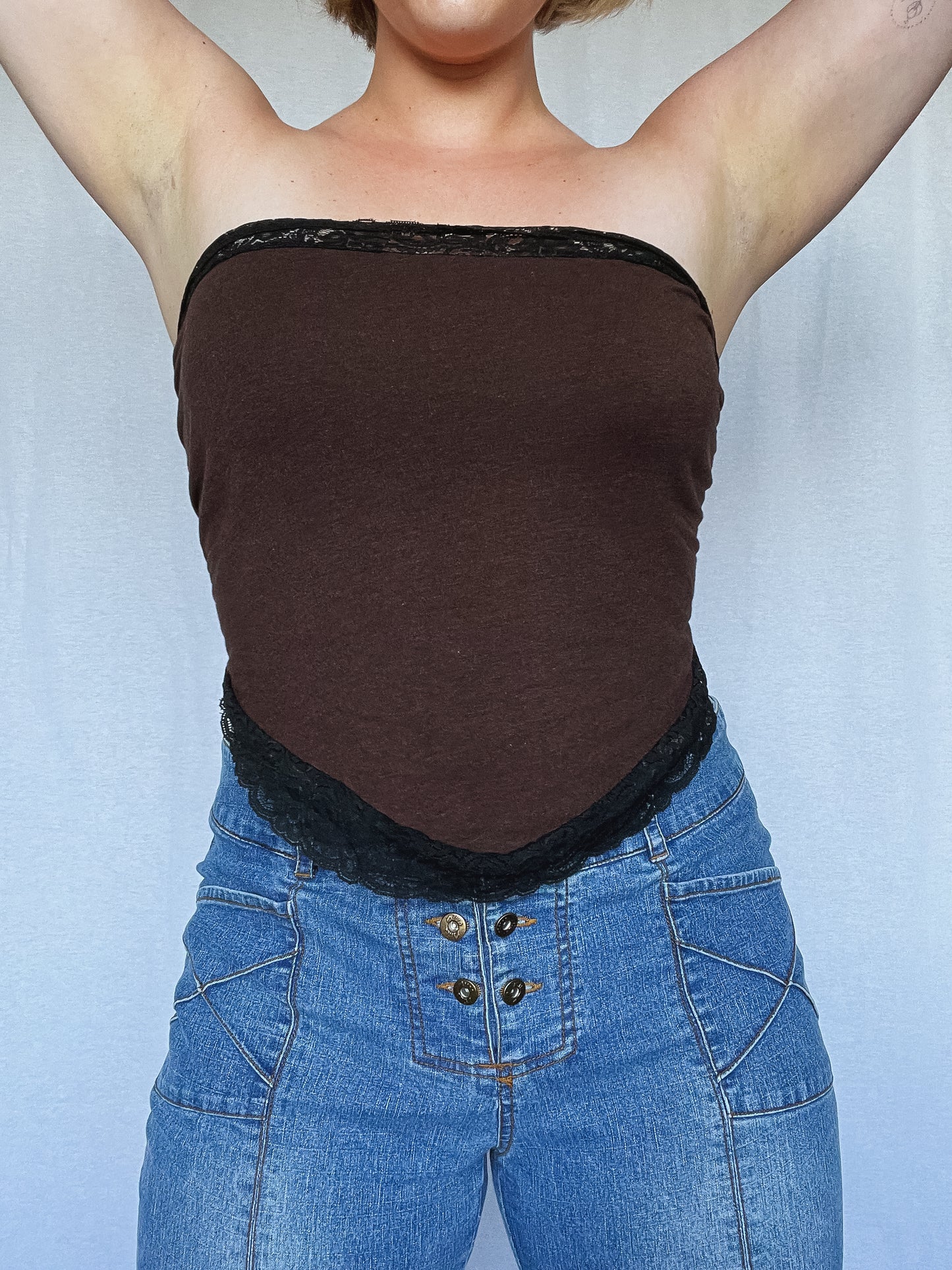 Brown Tie Tube Top w. Black Lace Trimming