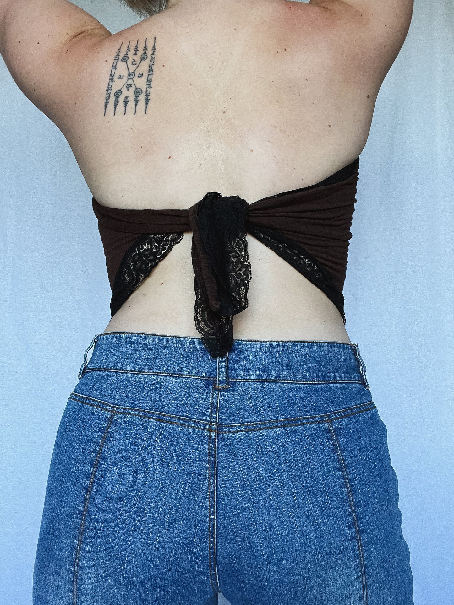 Brown Tie Tube Top w. Black Lace Trimming